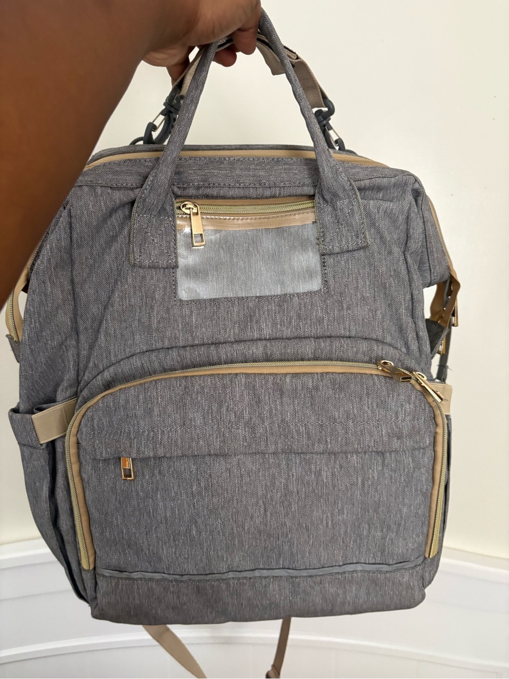 Gray Textured Backpack Tote with Gold Accents